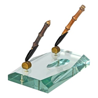 Beveled Nile Green Crystal and Brass Pen Holder attributed to Fontana Arte, Italy, 1950s For Sale