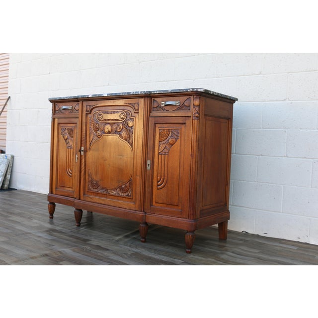 Wood Antique French Art Deco Marble Top Sideboard Buffet Cabinet | Carved Solid Wood Bar Cabinet | Circa 1920s For Sale - Image 7 of 18
