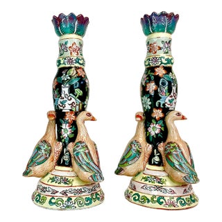 1970s Vintage Chinoiserie Japanese Porcelain Wildwood Kutani Geese Candle Holders - a Pair. For Sale