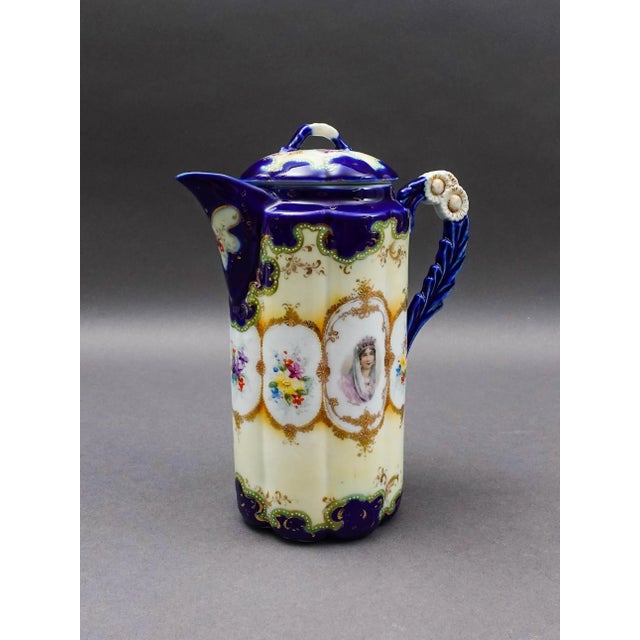 Nippon Antique Hand Painted Josephine Portrait Floral Porcelain Chocolate Pot. Measures approximately 7 1/4" long, 3 3/4"...
