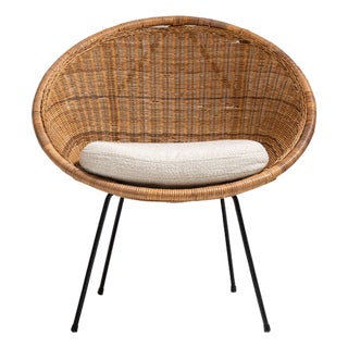 1960s French Mid- Century Modern Rattan Woven Chair with Upholstered Seat For Sale