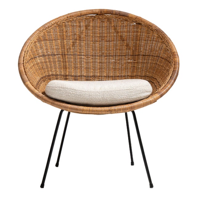 1960s French Mid- Century Modern Rattan Woven Chair with Upholstered Seat For Sale