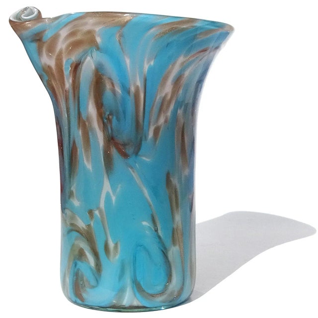 Beautiful vintage Murano hand blown, sky blue and copper aventurine fleck swirls over white Italian art glass flower vase....