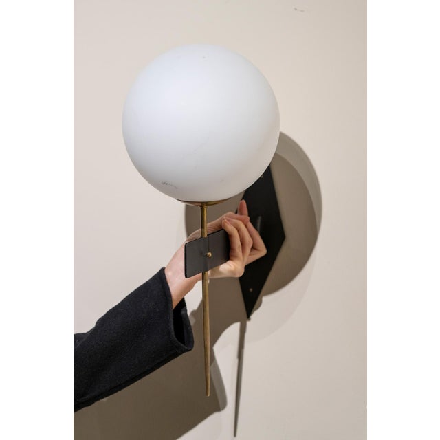 1960s French Wall Lights in Brass, Iron, and Opaline Glass, 1960s, Set of 2 For Sale - Image 5 of 6