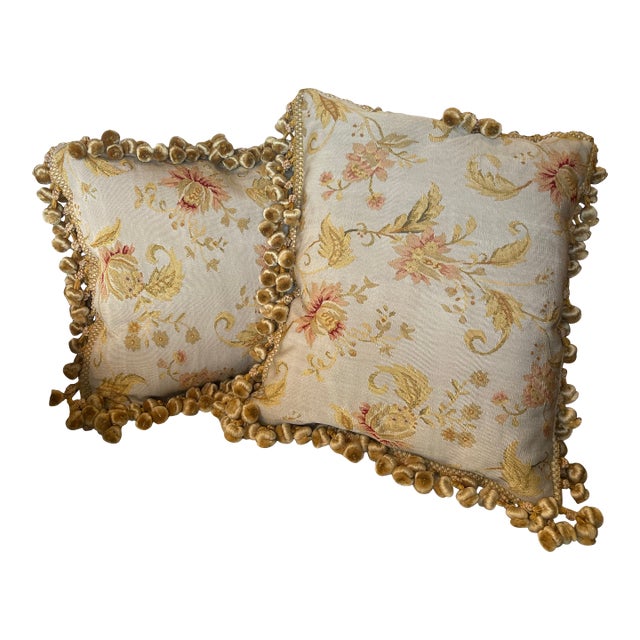 Pair Aubusson Fringed Floral Pillows (15”x18”) With Down Inserts: Seafoam, Celadon, Coral & Gold For Sale