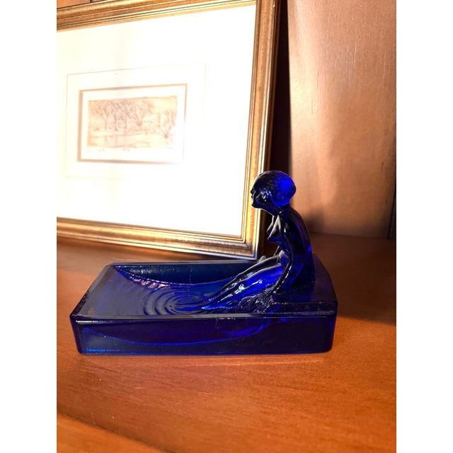 Glass Vintage Art Deco Nude Woman in a Pool Cobalt Blue Glass Soap, Jewelry, or Trinket Dish After Lalique Henrich Hoffmann For Sale - Image 7 of 7