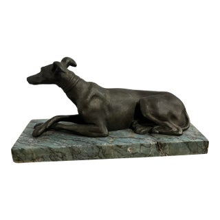 Vintage Bronze Sculpture of a Lying Greyhound Dog on a Marble Base For Sale