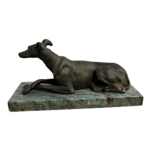 Vintage Bronze Sculpture of a Lying Greyhound Dog on a Marble Base