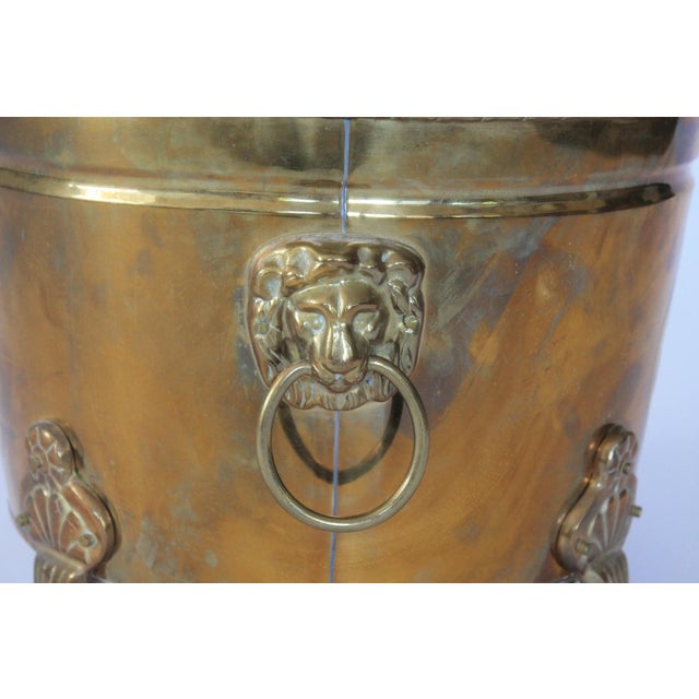 Vintage Oval Brass Cachepot W/ Lion Head Handles, Paw Feet and Etched Asian Motif For Sale - Image 15 of 18