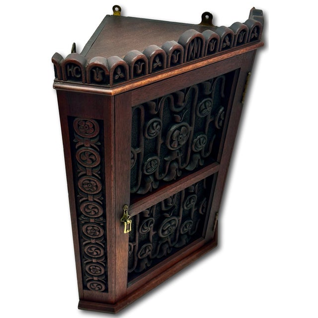 Outstanding Antique Beautifully Hand Carved Solid Mahogany Wall Hanging Corner Cabinet - Signed & Dated 1900 For Sale - Image 12 of 18
