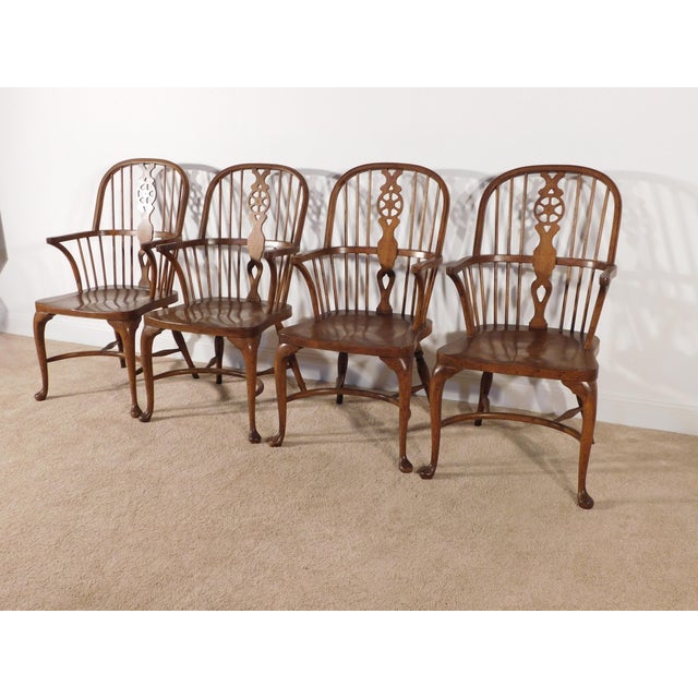 Wood Vintage Baker Furniture Set of 4 Queen Anne Dark Oak Windsor Arm Chairs For Sale - Image 7 of 14