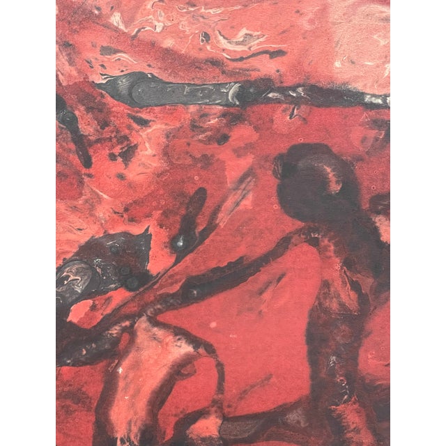 Paper Vintage Signed Abstract Painting in Red and Black, Figurative Composition For Sale - Image 7 of 10
