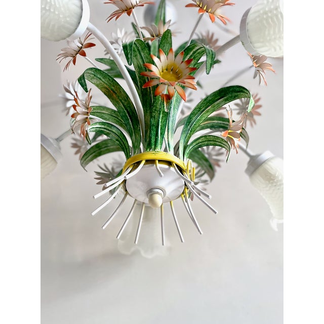 Mid-Century Modern Vintage European Floral Tole Chandelier with Frosted Glass Tulip Shades, 1970s For Sale - Image 3 of 13