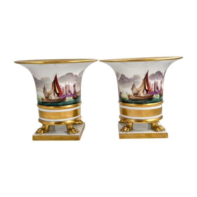 Empire Style Vit Sailing Boat Vases on Gilt Lion-Paw Feet from Herend, 1960, Set of 2 For Sale - Image 4 of 12