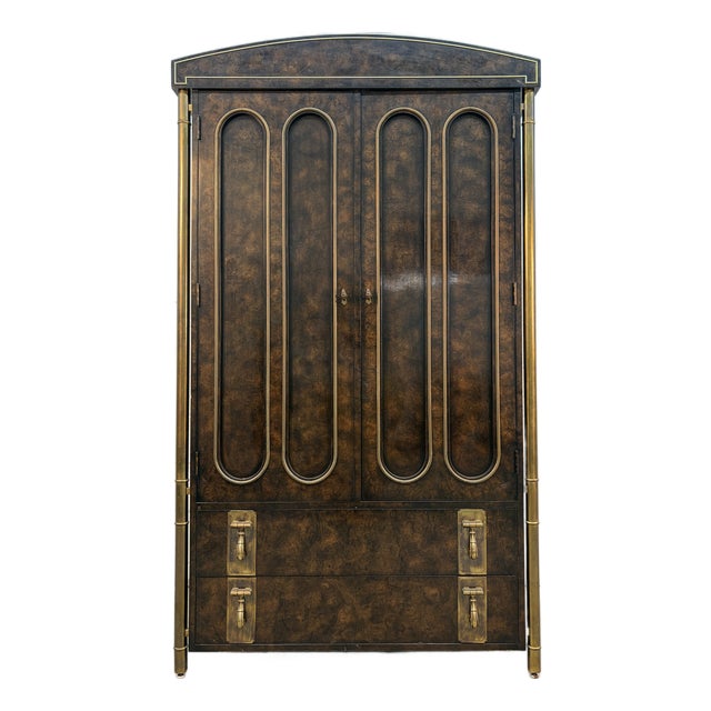 Mid 20th Century Hollywood Regency Burl and Brass Armoire by Mastercraft For Sale