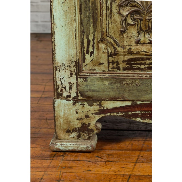 Rustic Indian Rustic Painted Wood Cabinet with Carved Foliage and Distressed Patina For Sale - Image 3 of 13