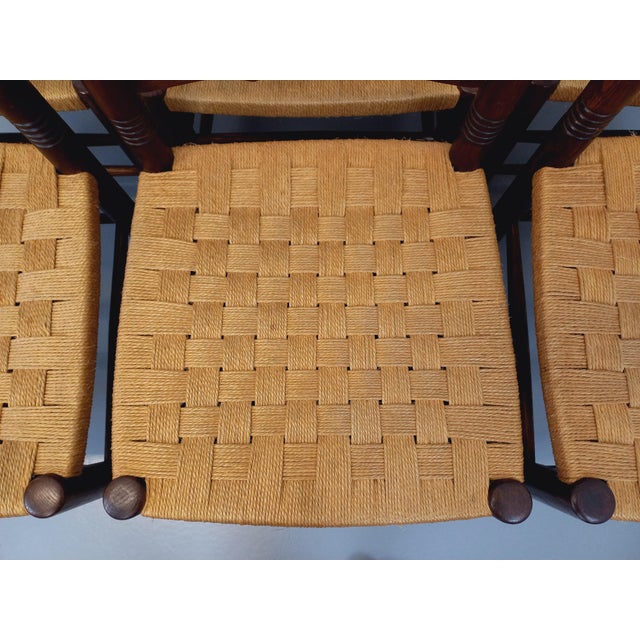 Vintage Arts & Crafts Dining Chairs in Oak Wood and Rope in the style of Antonio Calligaris, 1950s, Set of 6 For Sale - Image 6 of 18
