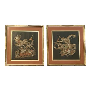 Vintage Thai Silk Paintings-Pair-Ramakien-Thailand Framed Asian Art-Mythology For Sale