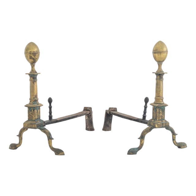 American Empire Brass Andirons, 19 C For Sale