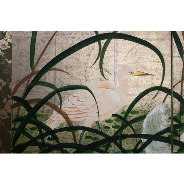 Stunning Japanese Style 4-panel painted folding screen depicting a graceful landscape scene with Egrets on silver...