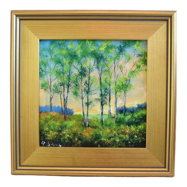 Impressionist Lush Trees Landscape Oil Painting Displayed in a Custom Antiqued Gold Wood Frame For Sale
