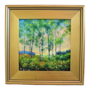 Impressionist Lush Trees Landscape Oil Painting Displayed in a Custom Antiqued Gold Wood Frame