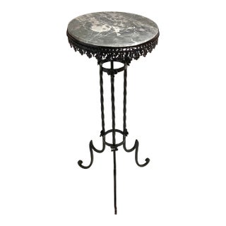 Antique Round Black & White Marble Top Wrought Iron Pedestal Stand For Sale