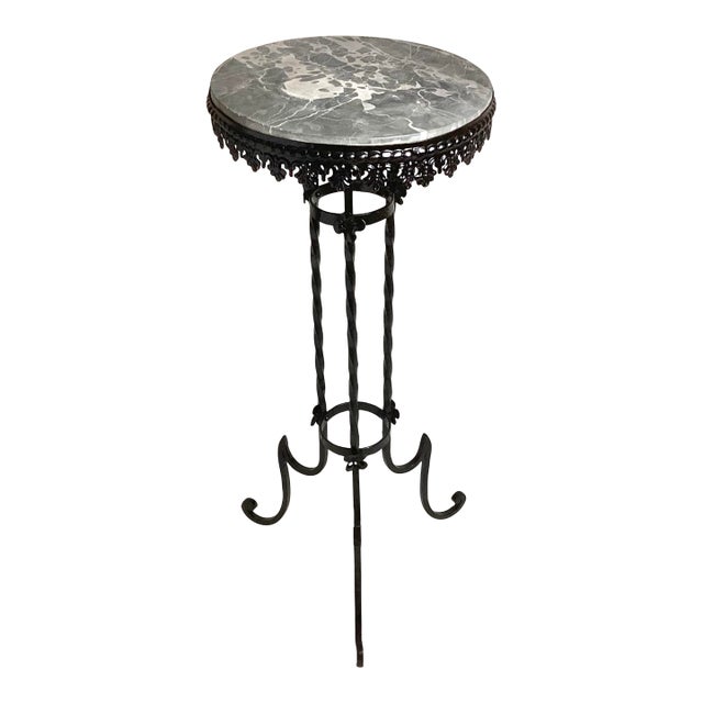 Antique Round Black & White Marble Top Wrought Iron Pedestal Stand For Sale