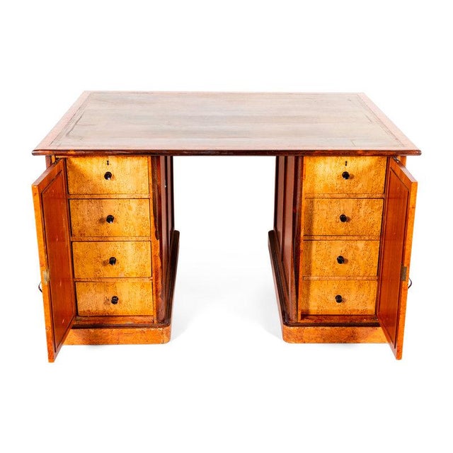 Antique English Burlwood Partners Desk With Green Leather Inset Top