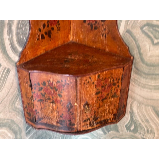 19th Century English Painted Hanging Corner Cupboard With Floral Decoration For Sale - Image 6 of 10