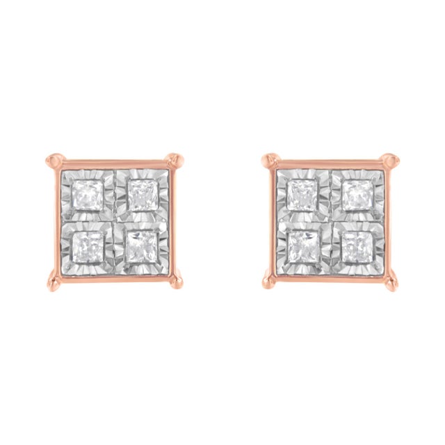 Contemporary Rose Gold Plated Sterling Silver Diamond Composite Stud Earrings (3/4 cttw, J-K Color, I1-I2 Clarity) For Sale - Image 3 of 6