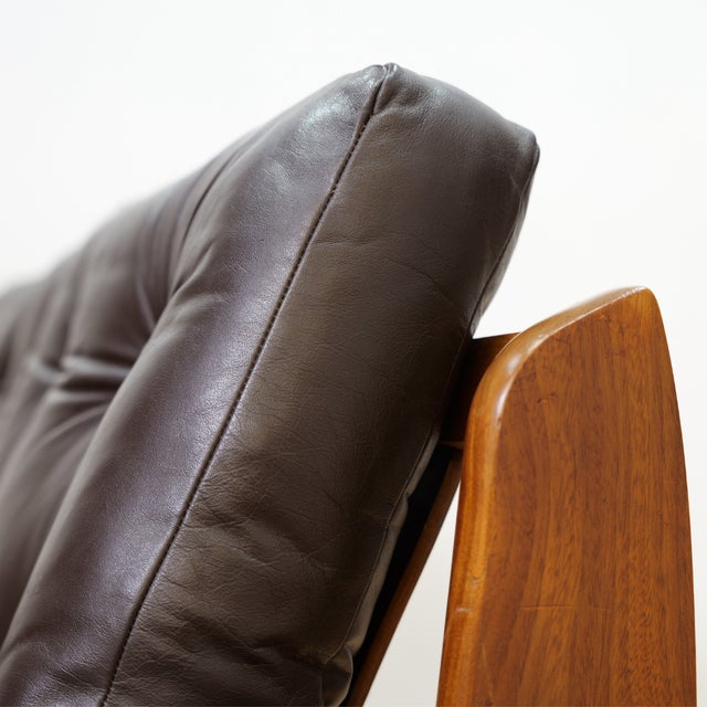 1970s Brown Leather Sofa Teak Sculptural Form For Sale - Image 14 of 15
