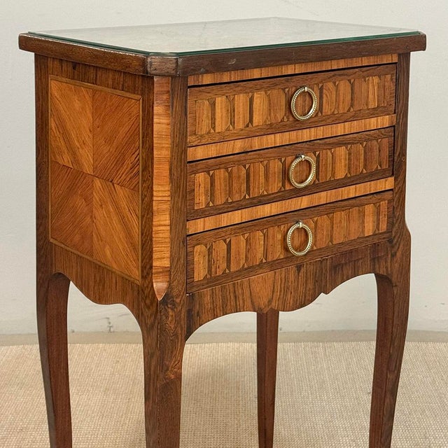 Pair of French Marble Top Marquetry Side Tables ~ Nightstands For Sale - Image 11 of 18