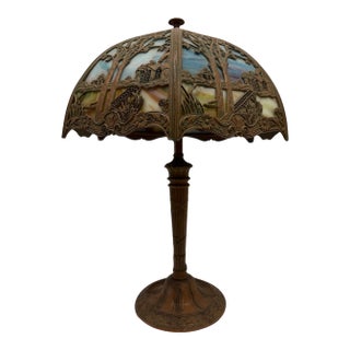 Early 20th Century Edward Miller & Co. Scenic Landscape Overlay Slag Glass Lamp For Sale