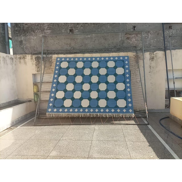 Handmade Cotton Area Rug, Vegetable Dyed Sky Blue, Cream and Green Swedish Tile Dhurrie-9'x12' For Sale - Image 11 of 13