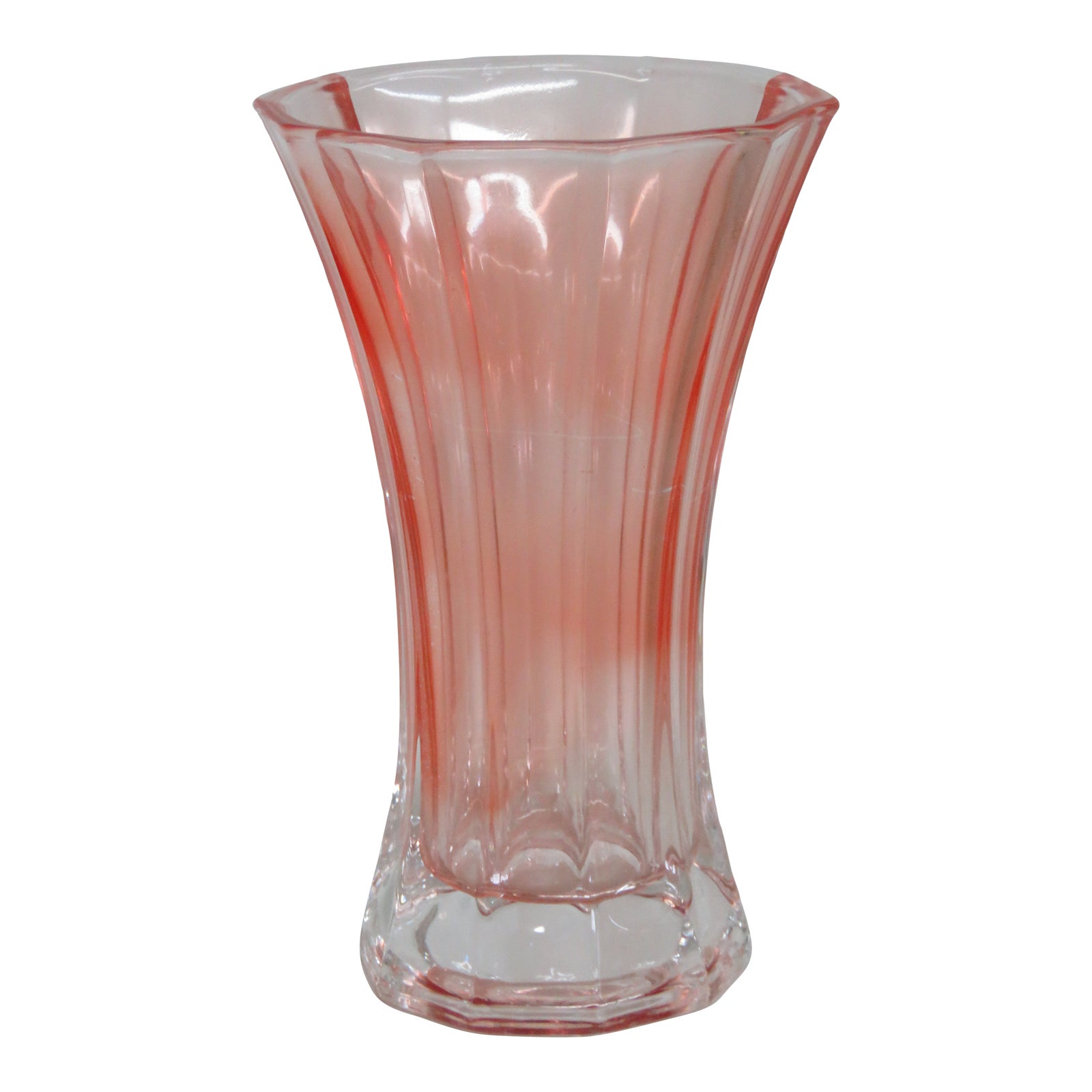 Peach Pink Pressed Glass Vase Wide Opening 10 Panel Ribbed Design ...