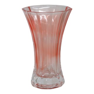 Peach Pink Pressed Glass Vase Wide Opening 10 Panel Ribbed Design Vintage 4756b For Sale