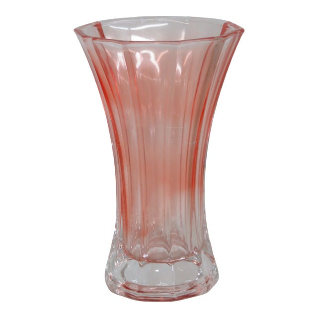Peach Pink Pressed Glass Vase Wide Opening 10 Panel Ribbed Design Vintage 4756b For Sale