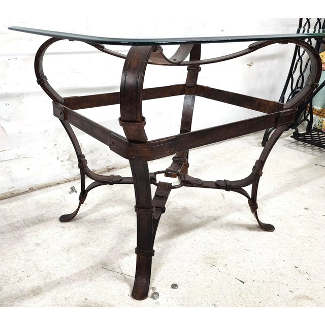 Brown Jaques Adnet Hermes Style Side Table Trompe l'Oeil Leather Straps For Sale - Image 8 of 12