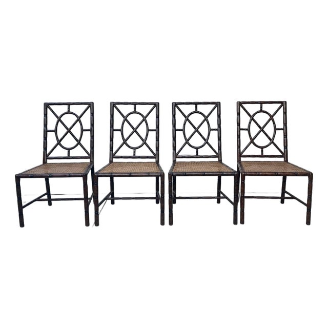 Set of 4 Vintage Faux Bamboo Dining Chair Tortoiseshell 1970 Custom Craftsmanship For Sale