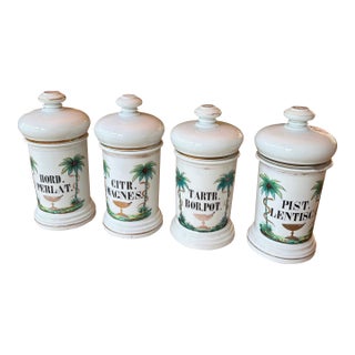 Set of 4 Antique Porcelain Apothecary Jars With Hand Painted Palm Tree and Serpent Decoration For Sale