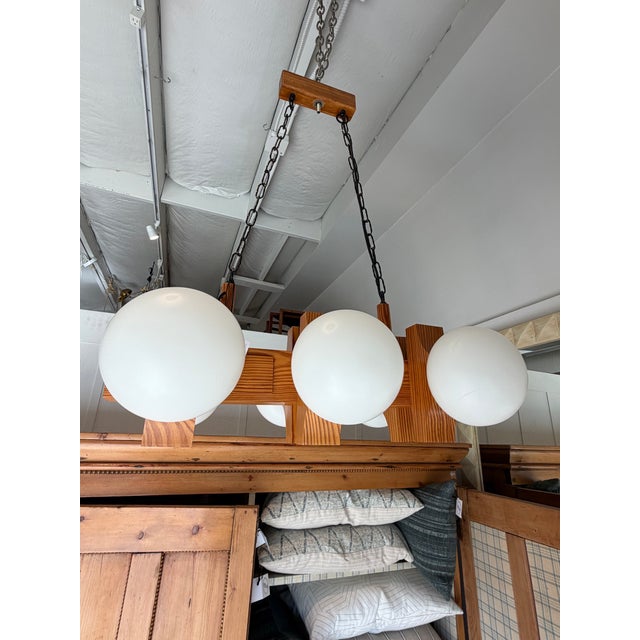 Vintage Scandinavian Pine Chandelier With Frosted Globes For Sale In Los Angeles - Image 6 of 6