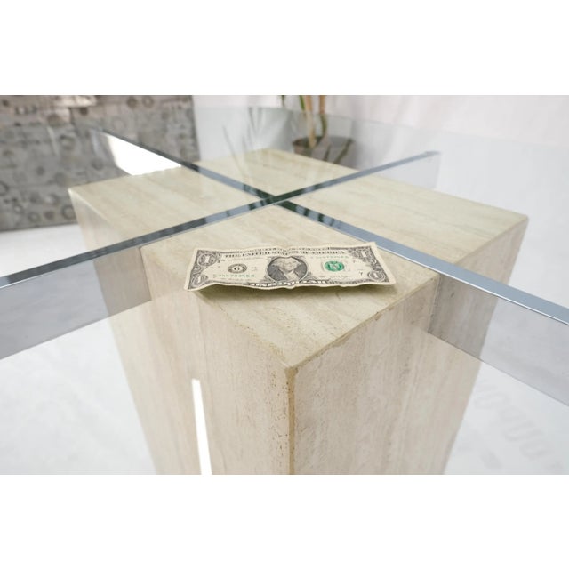 Metal Single Travertine Rectangle Base Chrome Stretchers Glass Top Dining Table Italy For Sale - Image 7 of 13