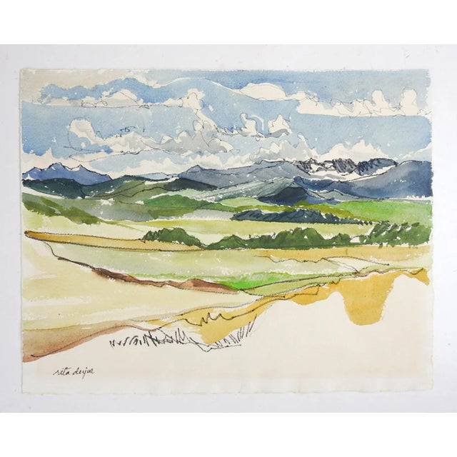 Modern Vintage Mid 20th Century Mountain Valley Watercolor Landscape Painting For Sale - Image 3 of 3
