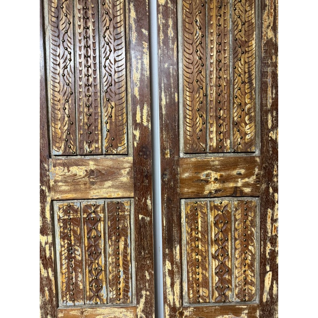 Mid-Century Modern Mid Century Spnaish Style Carved Wood Double Doors With Brass Studs 80 For Sale - Image 3 of 7