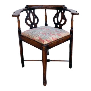 19th Century English George III Elm Upholstered Seat Desk Corner Armchair For Sale