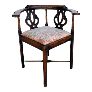 19th Century English George III Elm Upholstered Seat Desk Corner Armchair