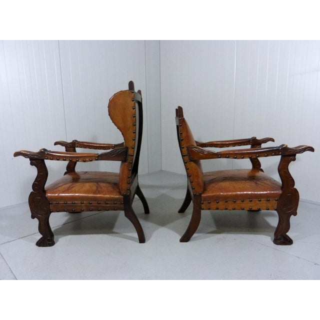 Set of Antique Leather Armchairs with Carps Print, 1890s For Sale - Image 9 of 18