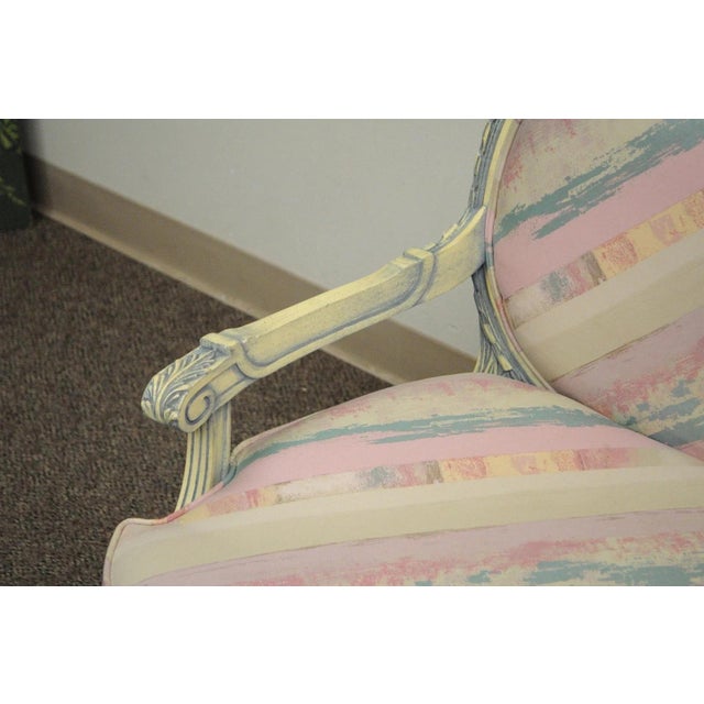 Vintage French Louis XVI Pink Blue Carved Bergere Boudoir Lounge Arm Chair For Sale - Image 9 of 12
