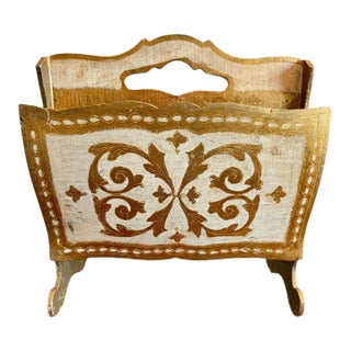 Vintage Italian Florentine Gilt Wood Magazine Rack-Gold-Hollywood Regency-Holder For Sale